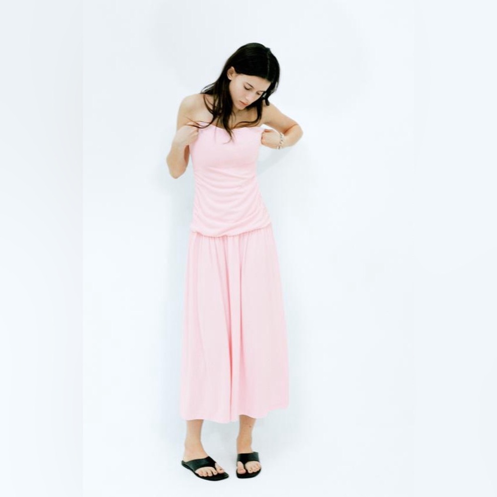 ZARA NWT RUCHED LIGHT PINK STRAPLESS MIDI DRESS - Picture 5 of 16
